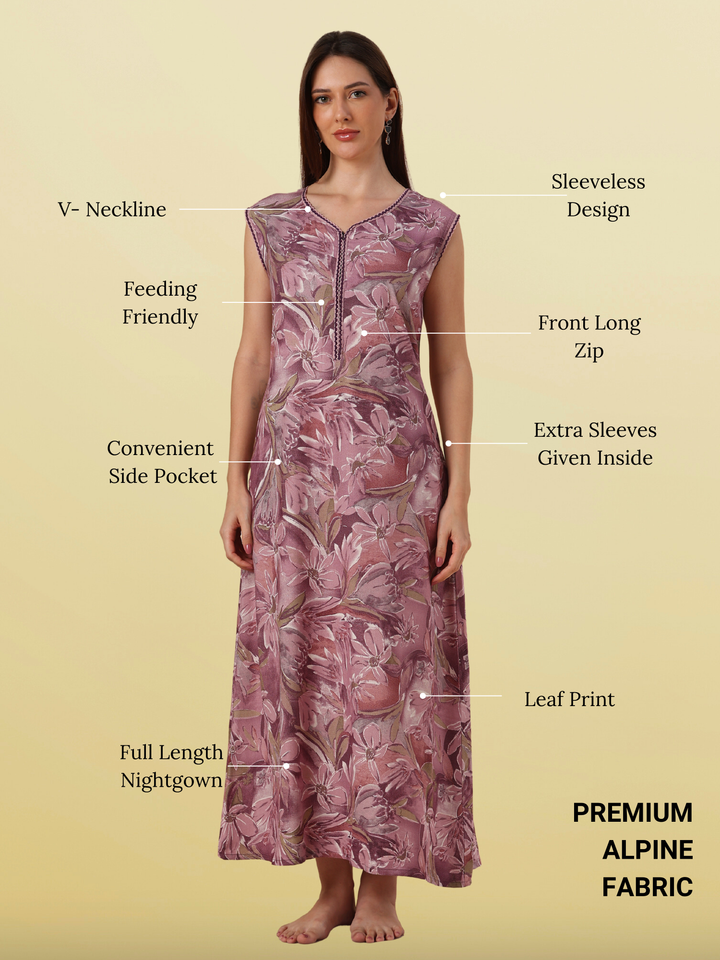 Alpine Mauve Oversized Floral Print Sleeveless Designer Nighty