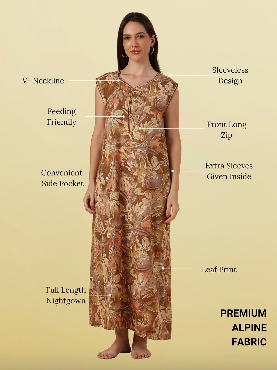 Floral Yellow Alpine Print Sleeveless A Line Designer Nighty