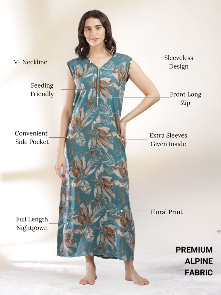 Saheli  Alpine Blush Green Sleeveless A Line Nighty with Pocket