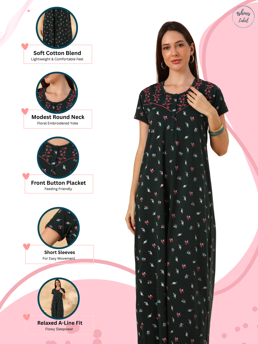 Bottle Green Floral Cotton Blend Designer Nighty for Women