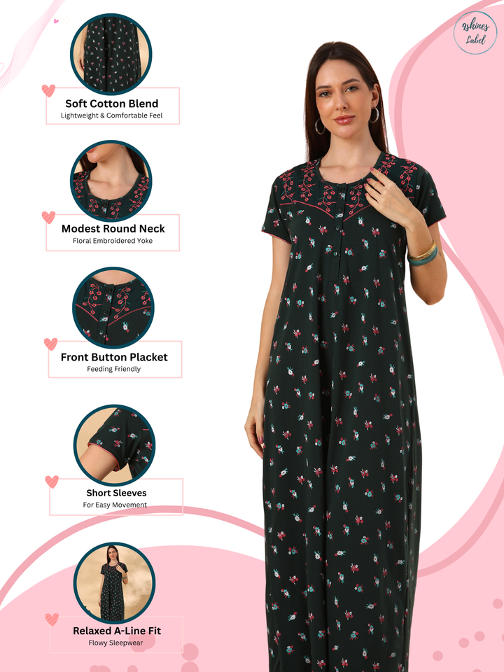 Bottle Green Floral Cotton Blend Designer Nighty for Women