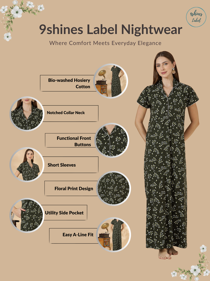 Forest Bloom Hosiery Cotton Designer Nighty for Women A Line Style