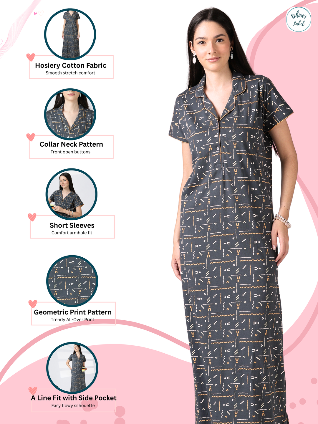 Olive Scribble Print Hosiery Cotton Nighty for Women