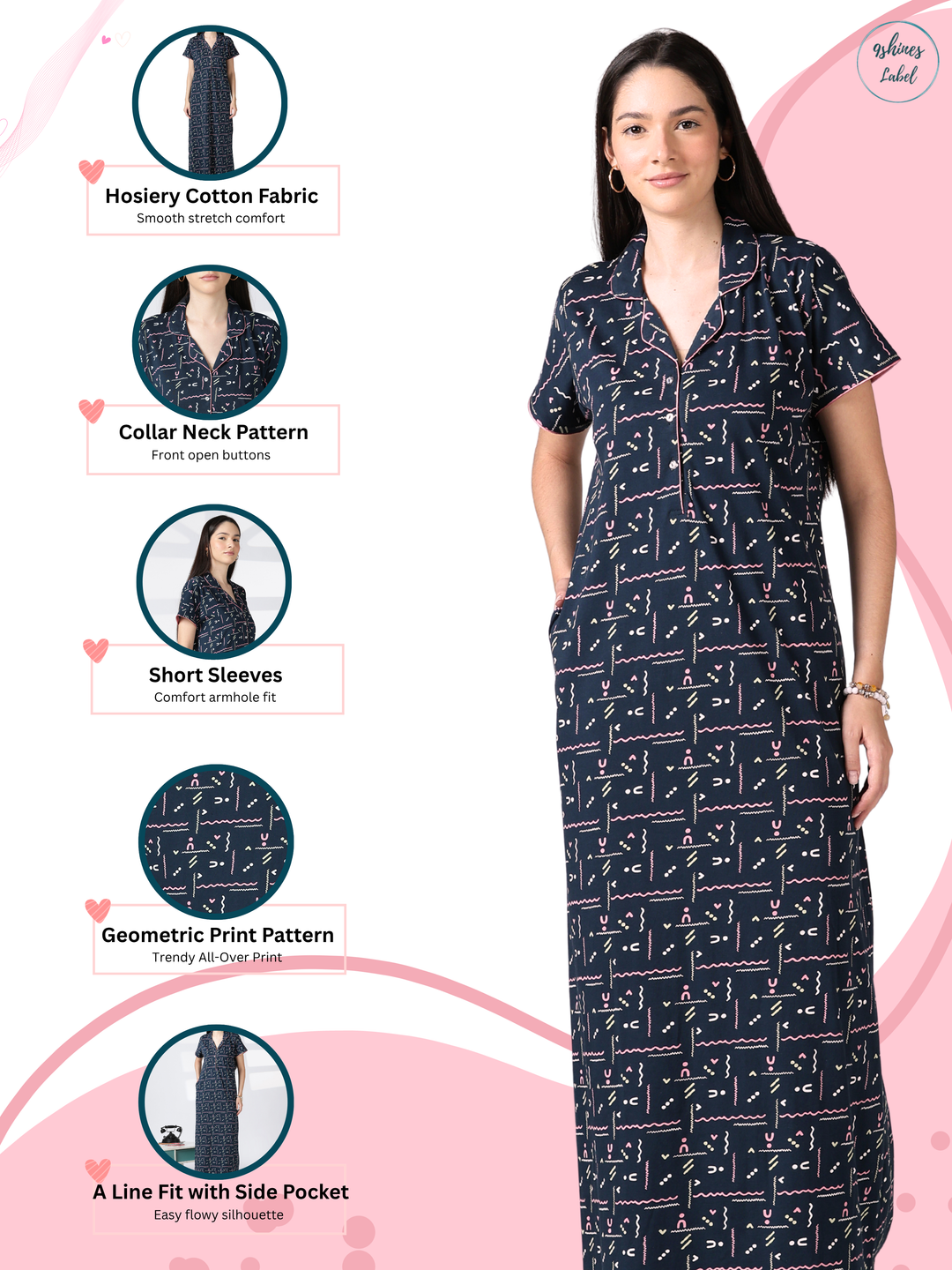 Geometric Print Hosiery Cotton Nighty for Women with Collar