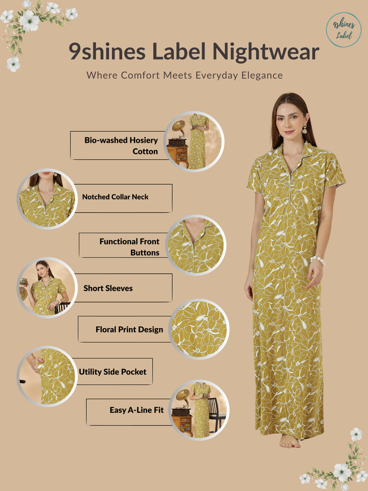 Olive Floral Hosiery Cotton Designer Nighty for Women Relaxed Fit