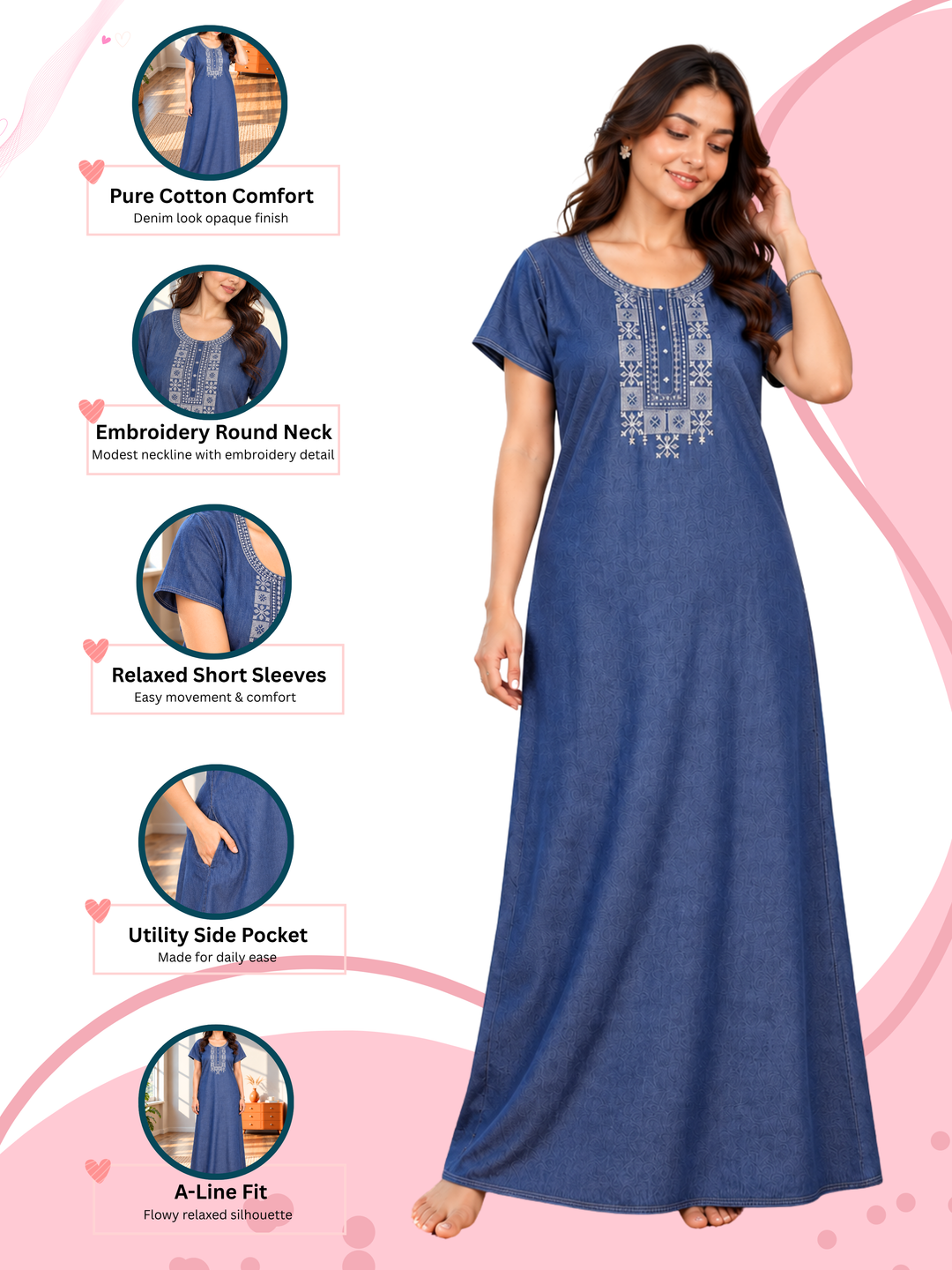 Heritage Embroidery Denim Blue Cotton Nighty | Soft &amp; Stylish Sleepwear