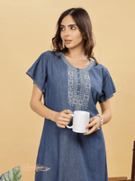 Heritage Embroidery Denim Blue Cotton Nighty | Soft & Stylish Sleepwear