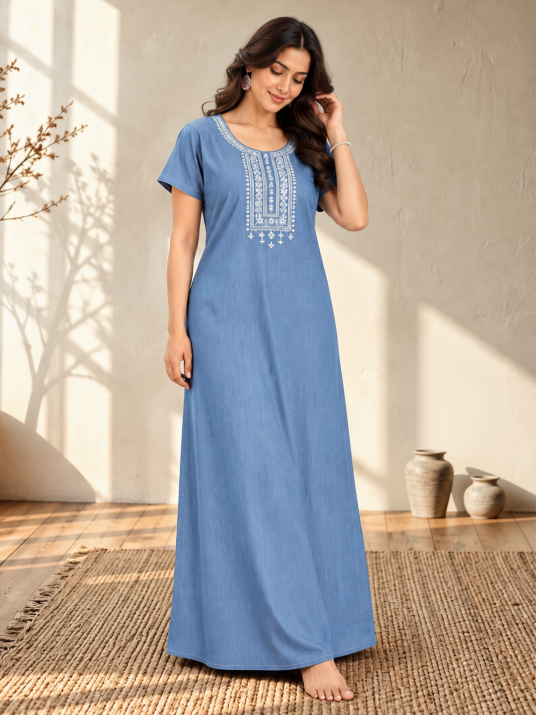 Sky Blue Heritage Embroidery Cotton Maxi Nighty | Elegant Sleepwear