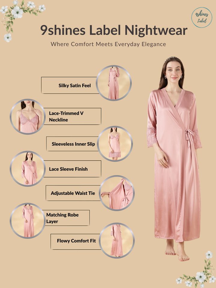Satin Lace Nighty with Matching Robe in Dusty Rose