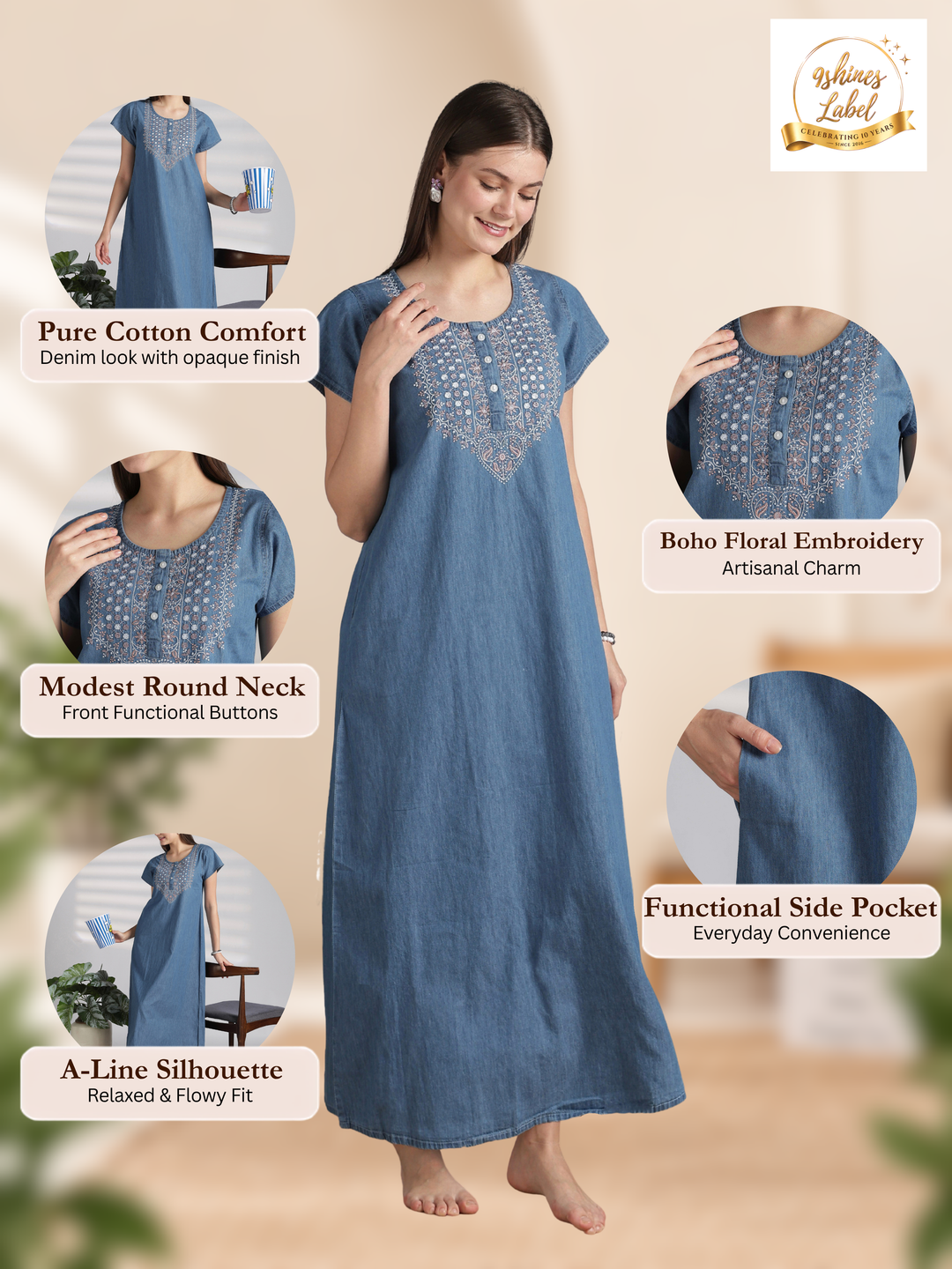 Chic Denim Feel Nighty with Boho Floral Embroidery