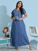 Relaxed Fit Light Denim Nighty with Paisley Embroidery Design