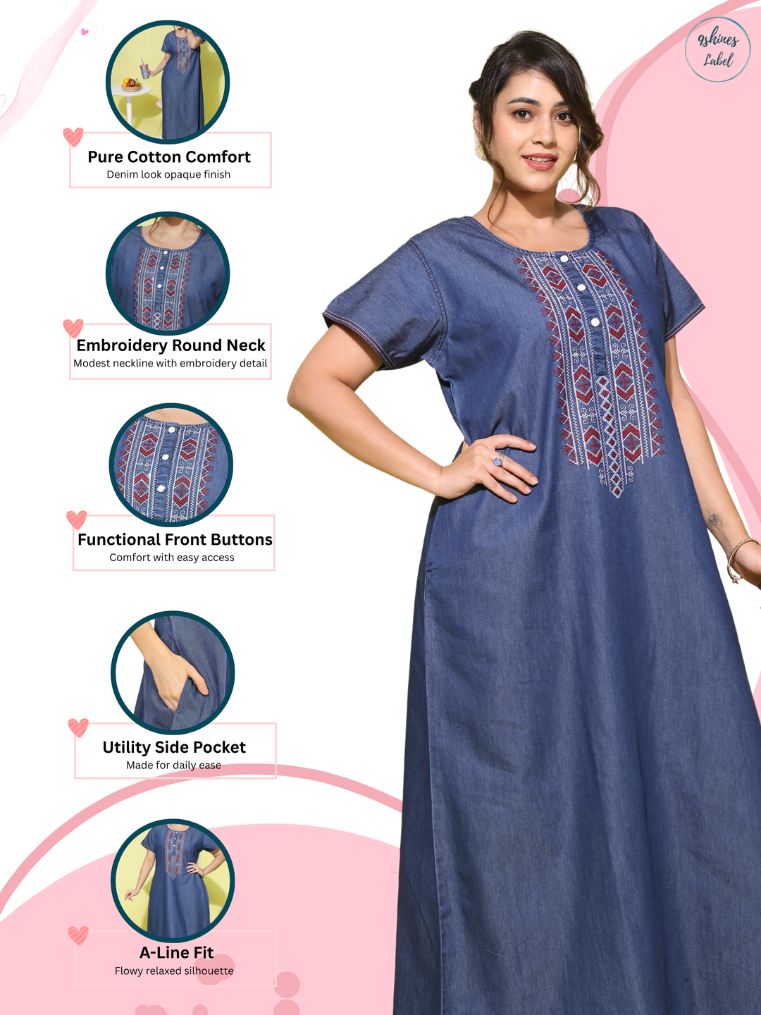 Premium Denim Designer Nighty Embroidery Neck Dark Blue