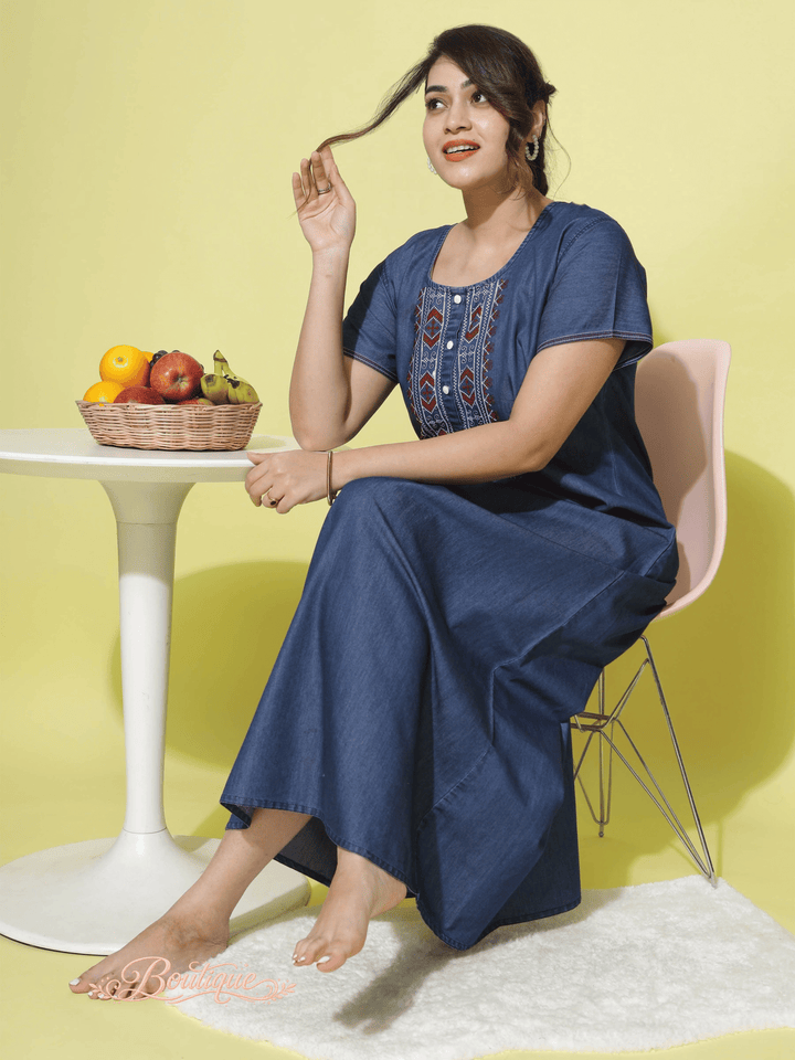 Premium Denim Designer Nighty Embroidery Neck Dark Blue