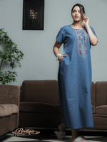 Premium Denim Designer Nighty Embroidery Neck Sky Blue