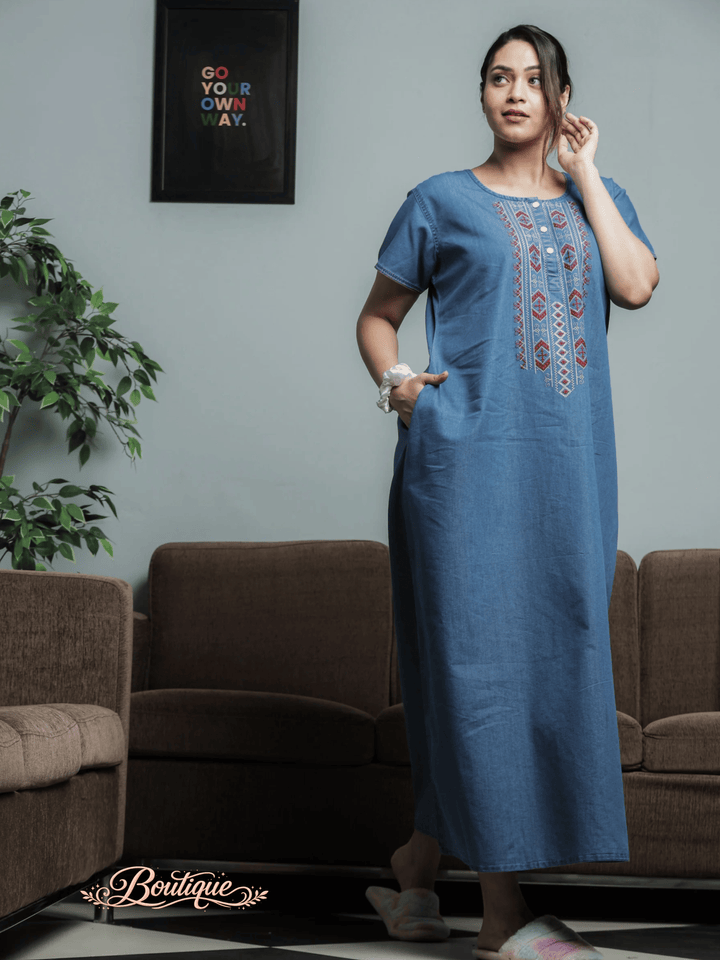 Premium Denim Designer Nighty Embroidery Neck Sky Blue
