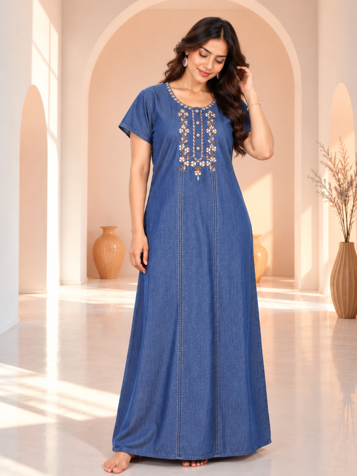 Intricate Embroidery Denim Blue Nighty - Soft Cotton for Cozy Comfort