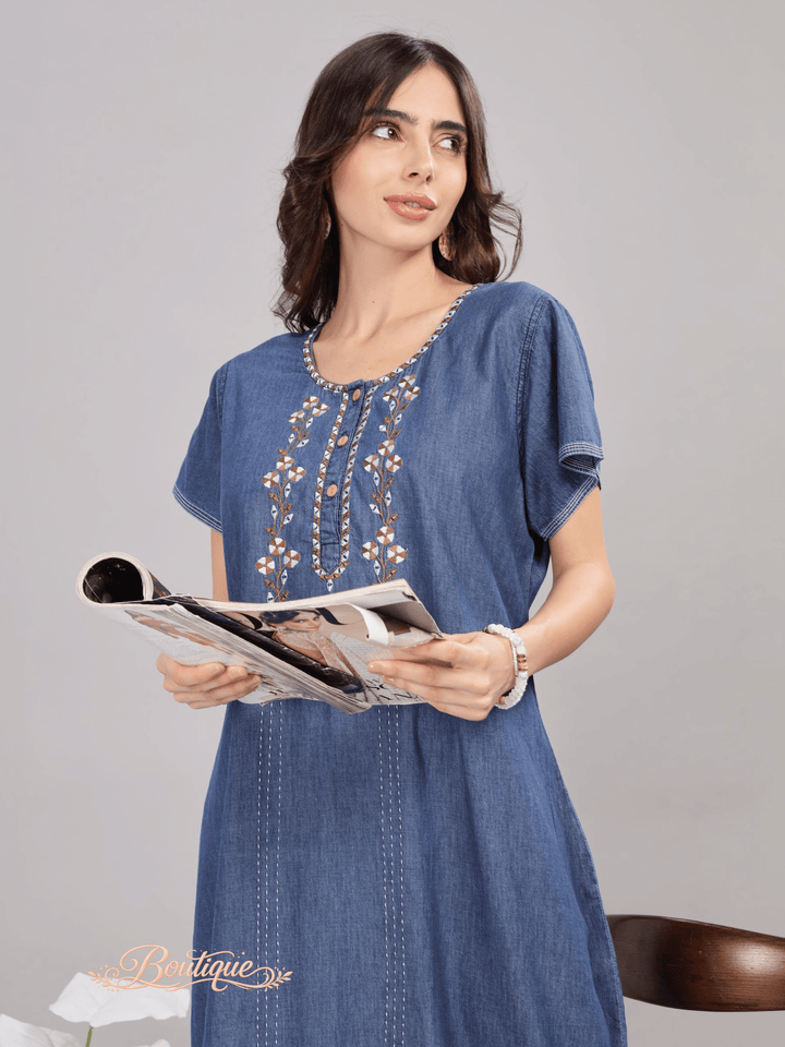 Intricate Embroidery Denim Blue Nighty - Soft Cotton for Cozy Comfort