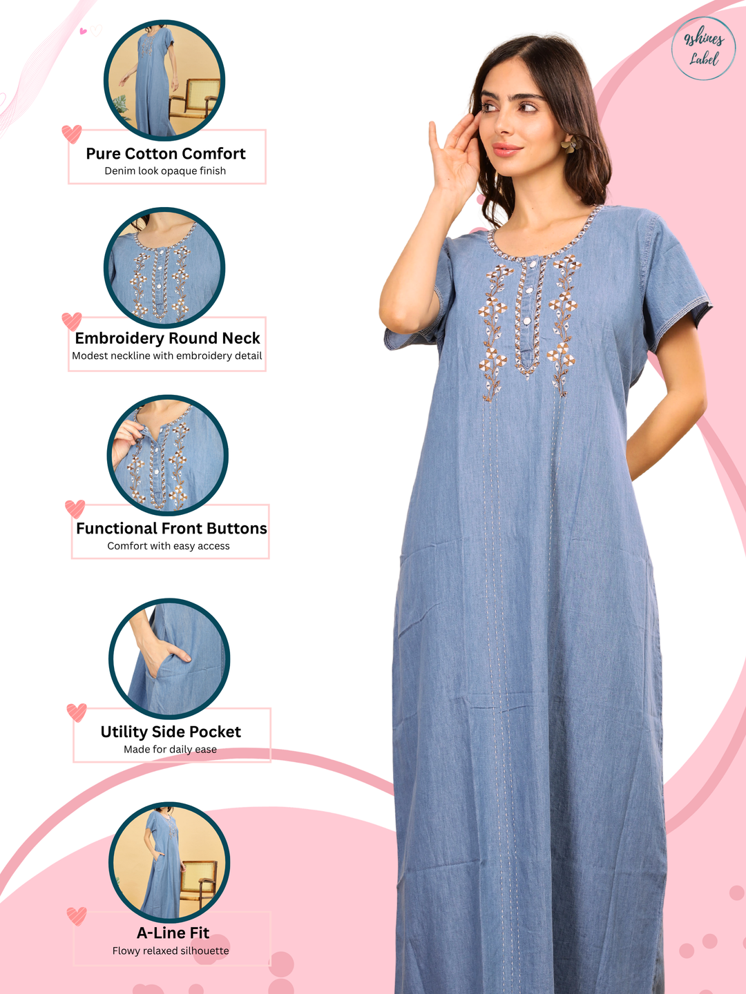 Intricate Embroidery Sky Blue Nighty - Luxurious Cotton Lounge Wear