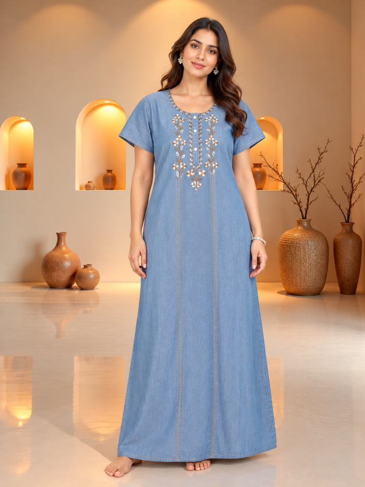 Intricate Embroidery Sky Blue Nighty - Luxurious Cotton Lounge Wear