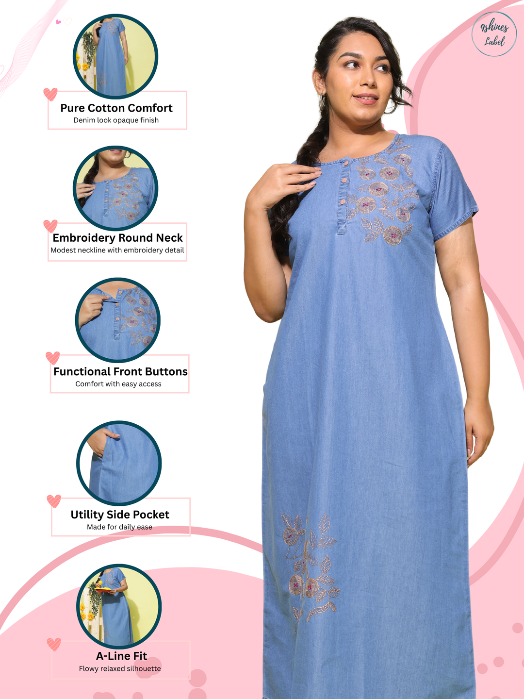 Premium Pty Leaf & Coin Embroidery Sky Blue