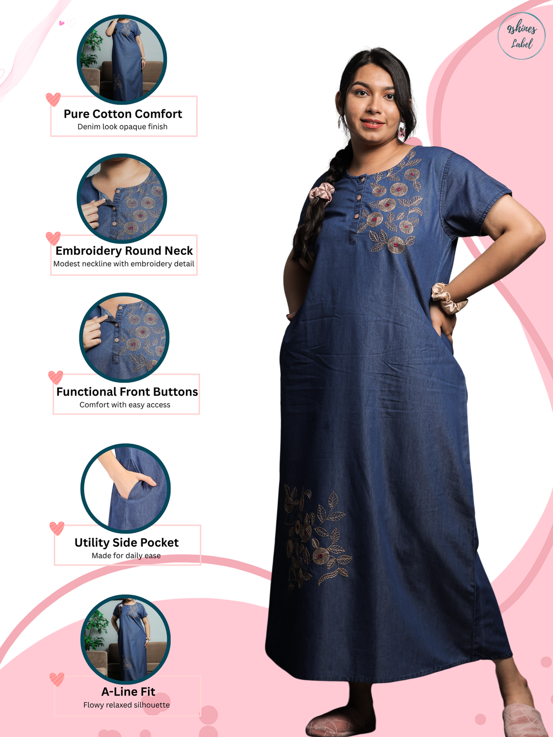 Premium Denim Designer Nighty Leaf & Coin Embroidery Dark Blue