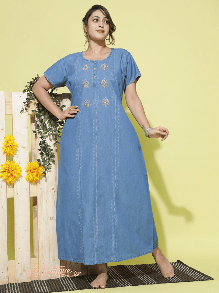 Premium Denim Designer Nighty Leaf Embroidery Sky Blue