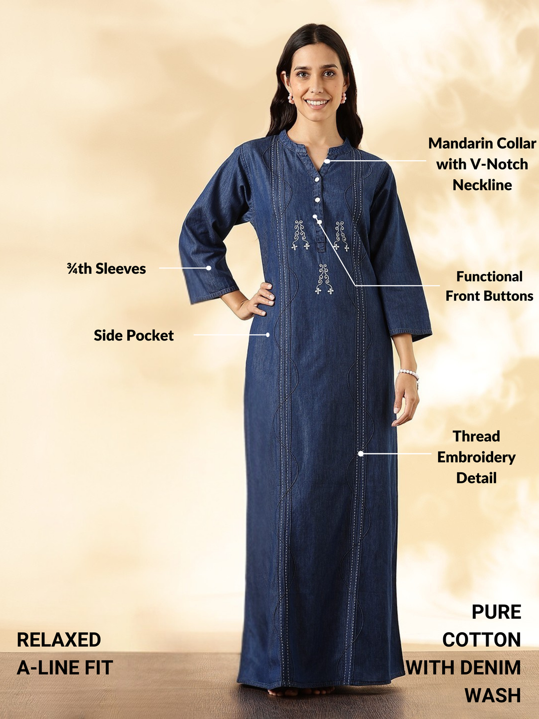 Deep Blue Denim Feel Cotton Nighty For Women with Embroidery and Pocket