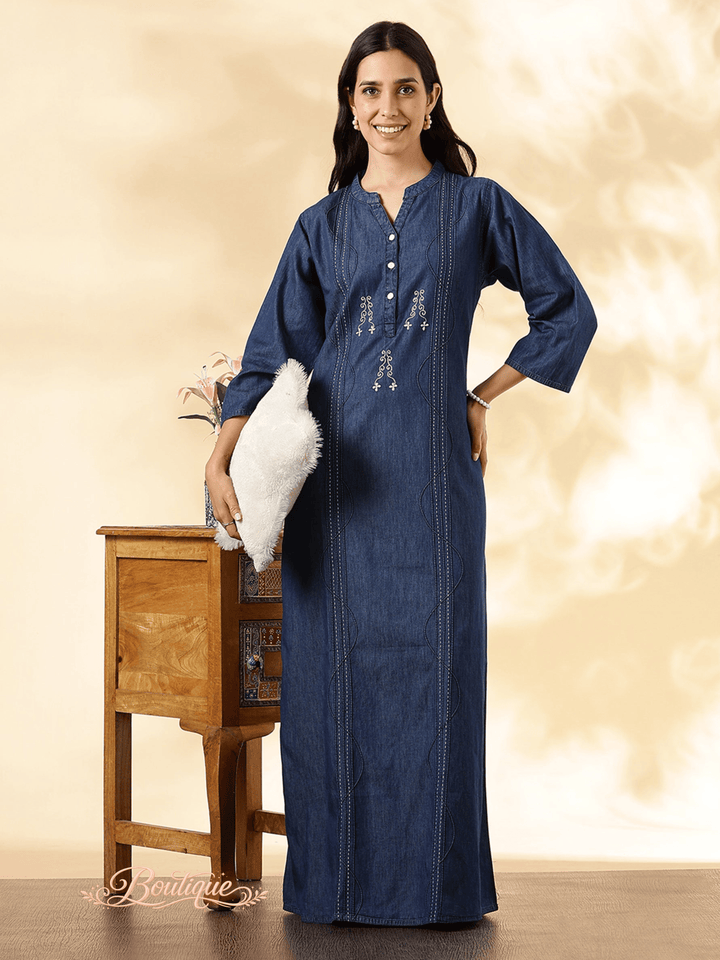 Deep Blue Denim Feel Cotton Nighty For Women with Embroidery and Pocket