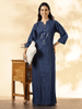 Deep Blue Denim Feel Cotton Nighty For Women with Embroidery and Pocket