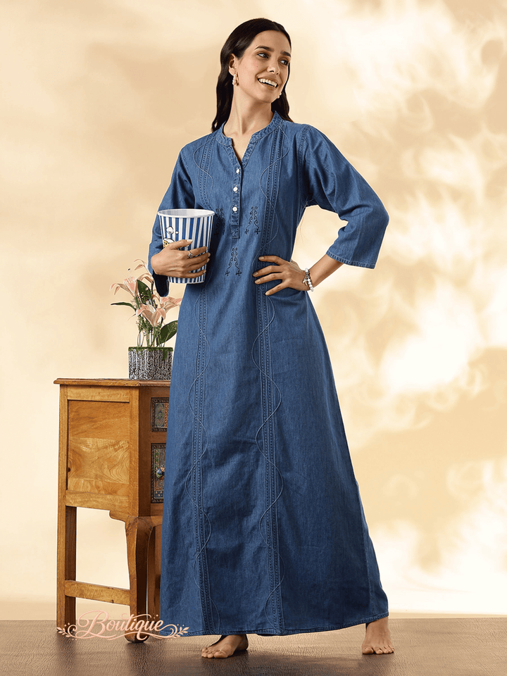 Sky Blue Denim Feel Cotton Nightdress with Embroidery and Pocket