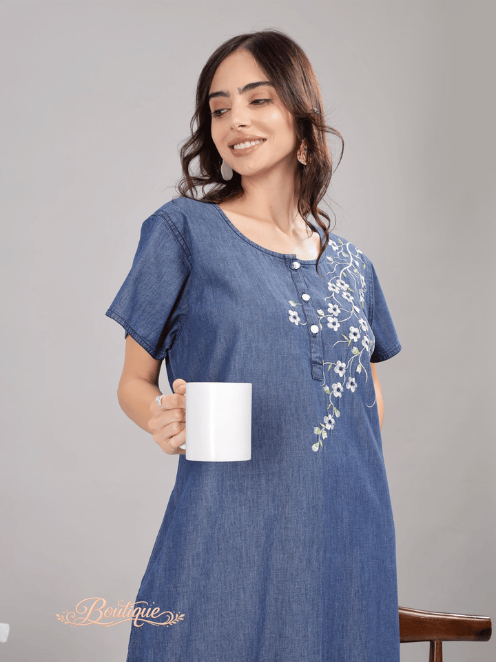 Soft Cotton Denim Blue Nighty with Floral Embroidery | Relaxed Fit