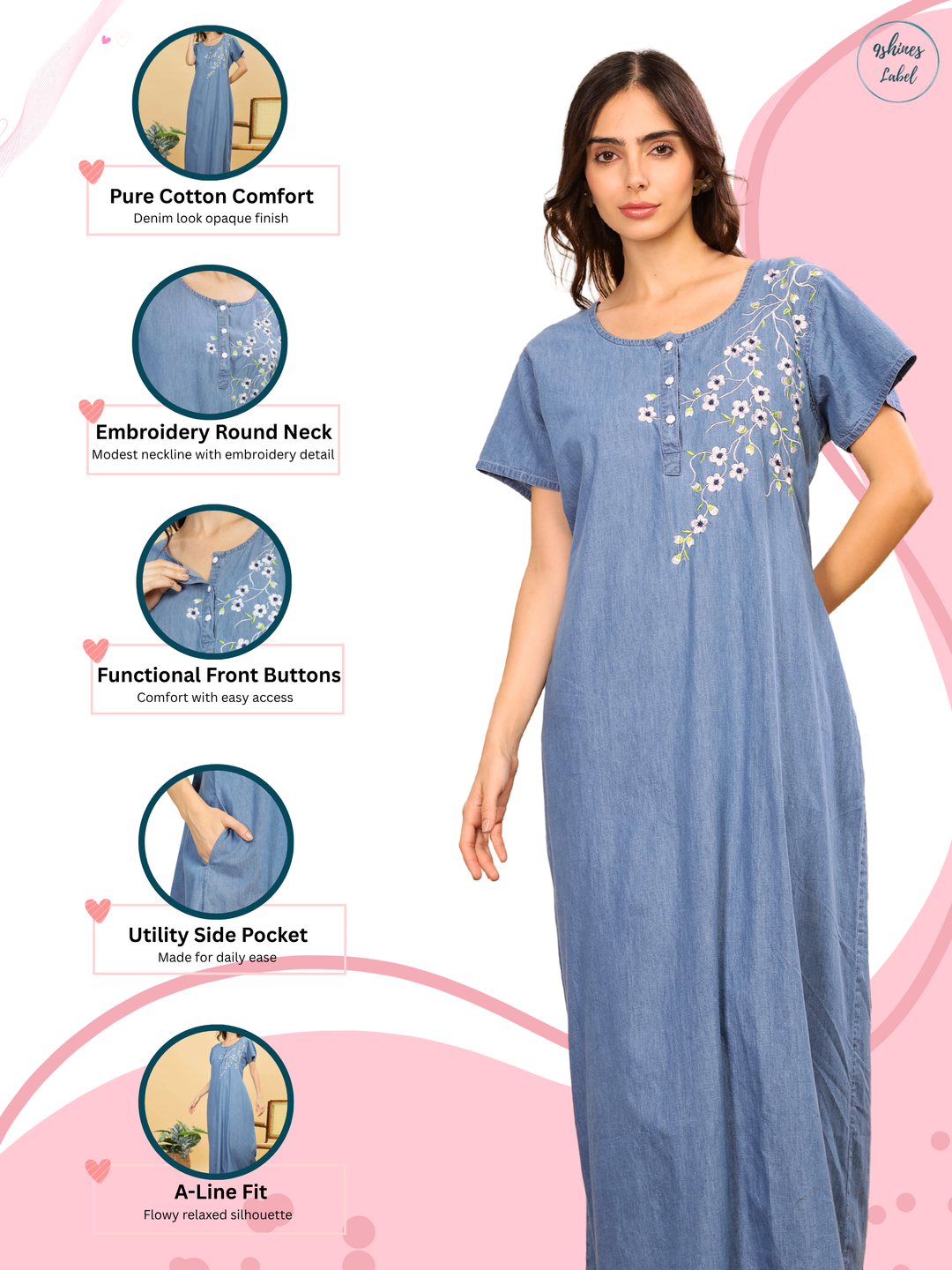 Sky Blue Cotton Nighty with Elegant Floral Embroidery | A-Line Design
