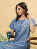 Sky Blue Cotton Nighty with Elegant Floral Embroidery | A-Line Design