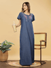 Soft Denim Blue Nighty with Pink Floral Embroidery Maxi Length