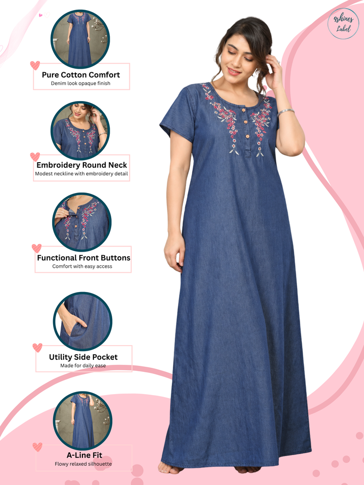 Soft Denim Blue Nighty with Pink Floral Embroidery Maxi Length