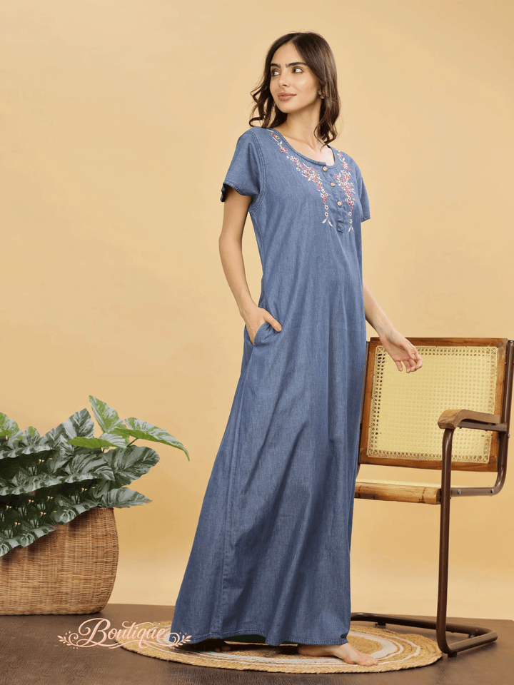 Soft Denim Sky Blue Nighty with Pink Floral Embroidery Maxi Length