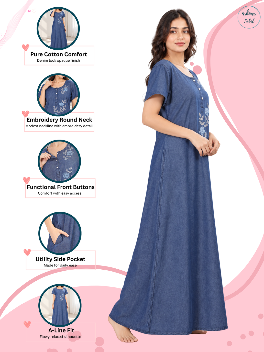 Denim Blue Soft Cotton Nighty | Floral Embroidery, Full-Length Comfort