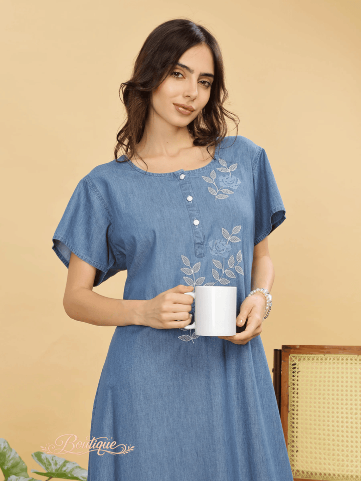 Sky Blue Cotton Embroidered Maxi Nighty | Comfort & Style Combined