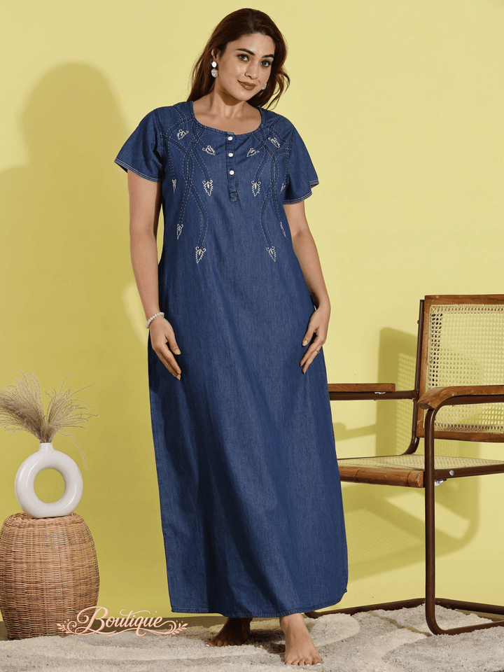 Dark Blue Denim Nighty with Elegant Embroidery and Easy Closure