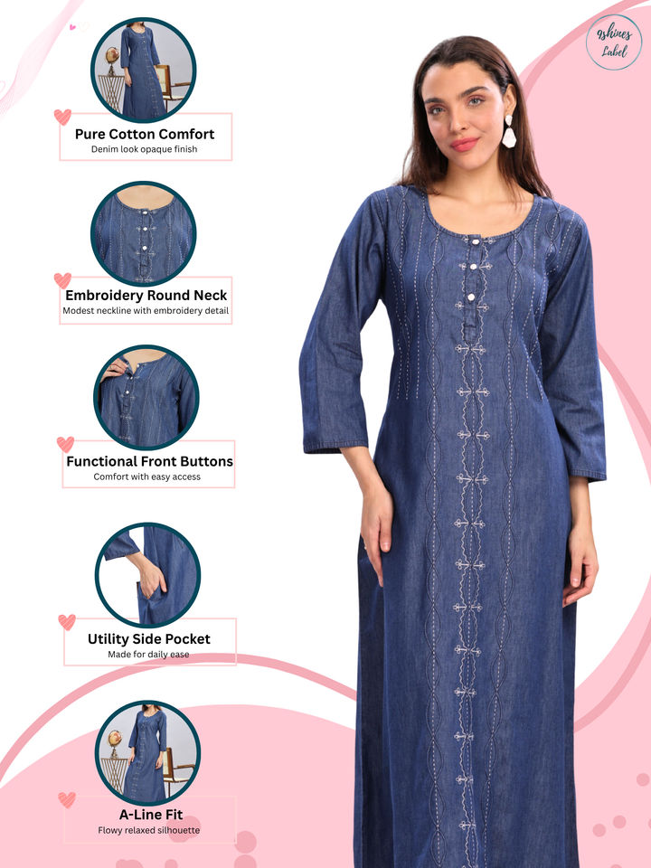 Dark Blue Cotton Denim Maxi Nighty with Pocket and Three Quarter Sleeves