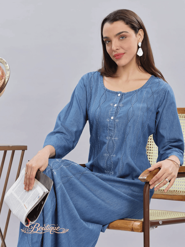 Sky Blue Denim Cotton Maxi Nighty with Elegant Embroidery for Women