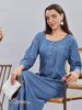 Sky Blue Denim Cotton Maxi Nighty with Elegant Embroidery for Women