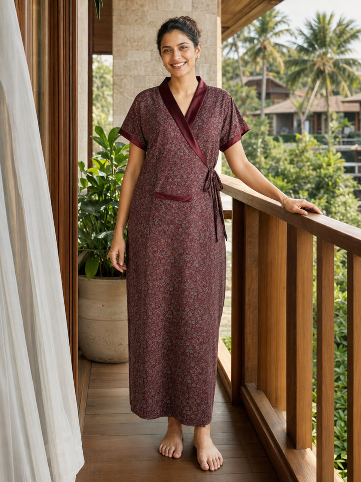 Designer Floral Housecoat for Women Soft Viscose Blend Front Open