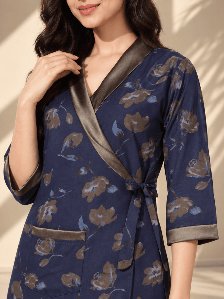 Midnight Indigo Floral Print Viscose Blend House Coat