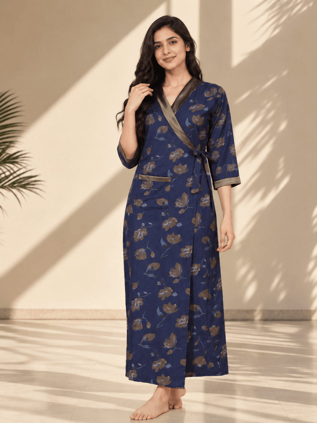 Midnight Indigo Floral Print Viscose Blend House Coat