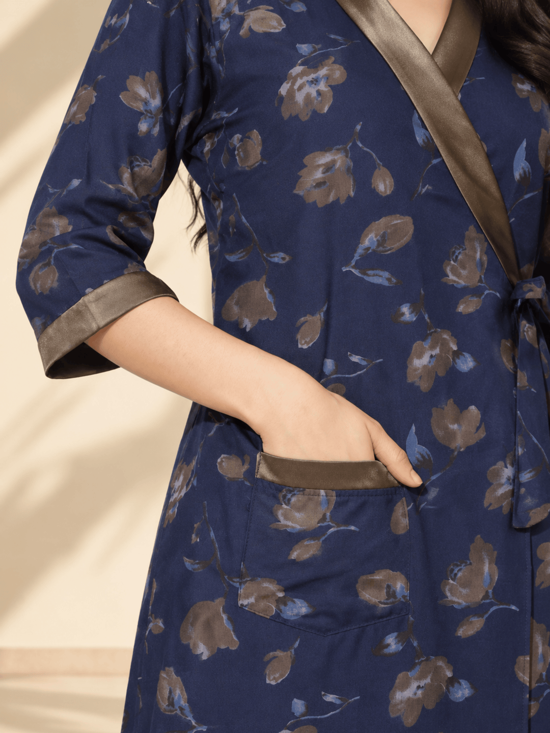 Midnight Indigo Floral Print Viscose Blend House Coat