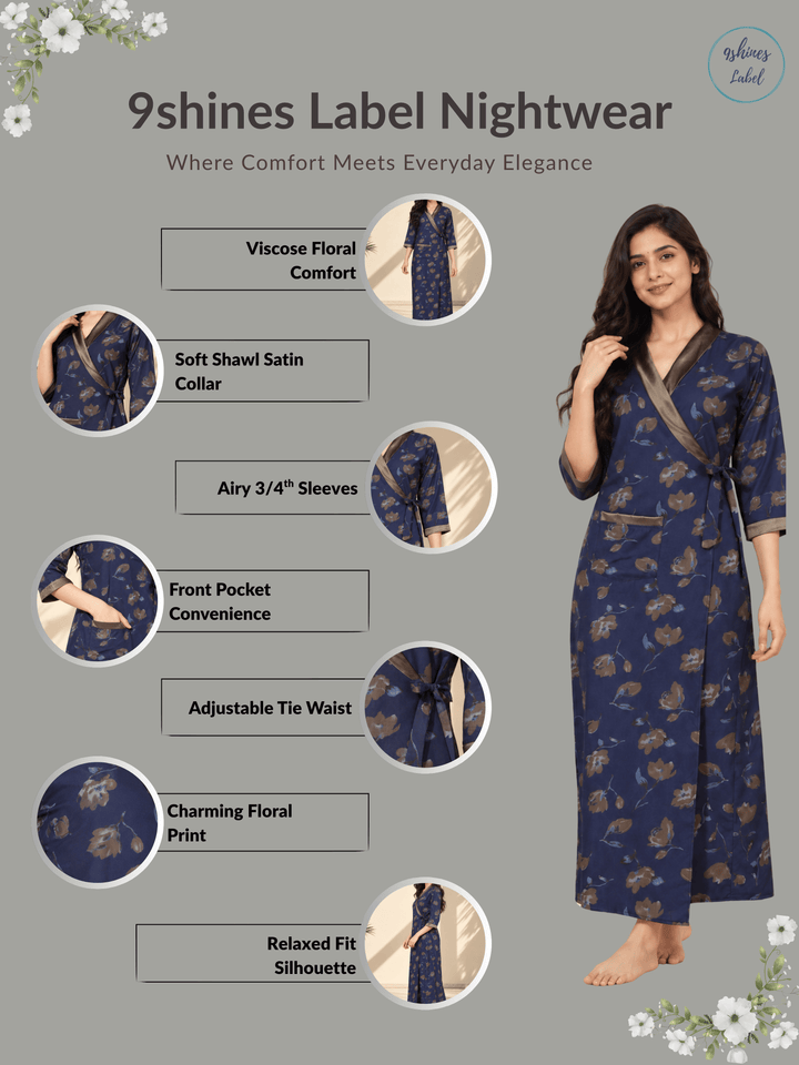 Midnight Indigo Floral Print Viscose Blend House Coat