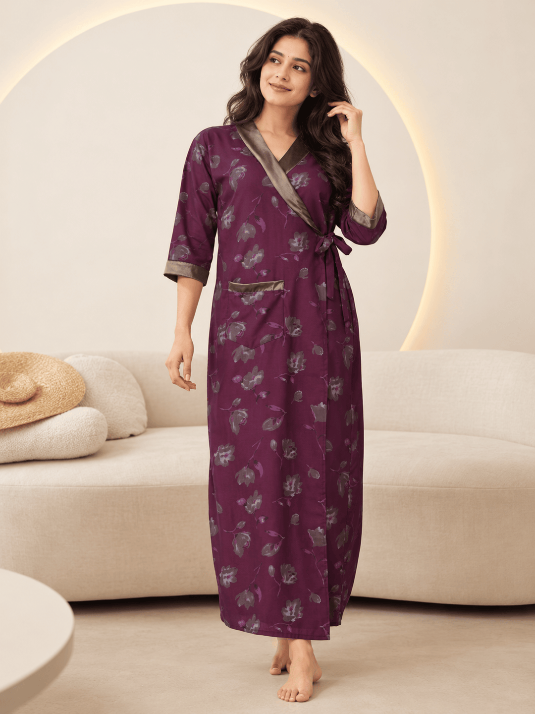 Plum Orchid Floral Print House Coat for Women