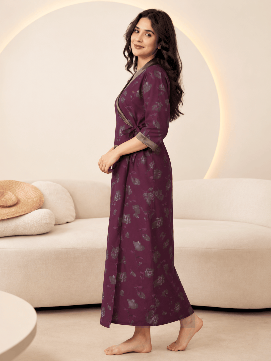 Plum Orchid Floral Print House Coat for Women
