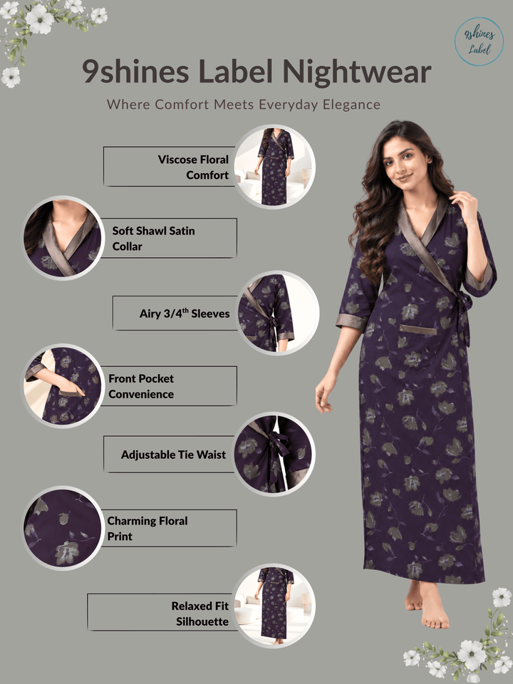 Dark Wine Floral Print Viscose Blend House Coat